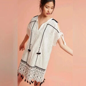 HEMANT AND NANDITA Anthropologie white black eyelet embroidered dress sz XS $198